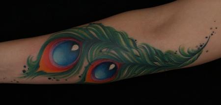 Tim Mcevoy - colorful realistic peacock feathers tattoo